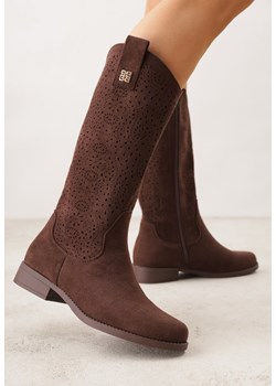 Brązowe Ażurowe Botki Kowbojki z Geometryczną Ozdobą Naeraste ze sklepu renee.pl w kategorii Botki - zdjęcie 188534538