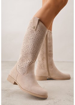 Ciemnobeżowe Ażurowe Botki Kowbojki z Geometryczną Ozdobą Naeraste ze sklepu renee.pl w kategorii Botki - zdjęcie 188534547