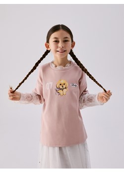 Reserved - Koszulka z koronkowymi rękawami - różowy ze sklepu Reserved w kategorii Bluzki dziewczęce - zdjęcie 188538699