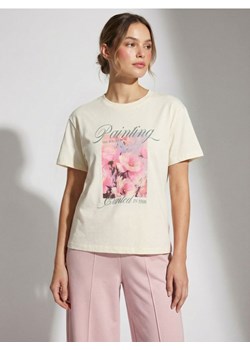 Sinsay - Bawełniana koszulka z nadrukiem - kremowy ze sklepu Sinsay w kategorii Bluzki damskie - zdjęcie 188542406