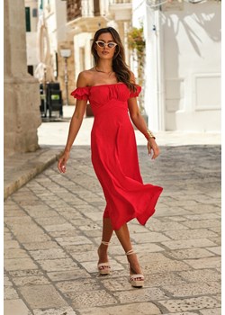 Czerwona Sukienka o Rozkloszowanym Kroju z Wiązaniem Perolis ze sklepu renee.pl w kategorii Sukienki - zdjęcie 188549818