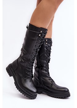 Kozaki Glany Damskie Sznurowane Do Połowy Łydki Czarne Elavettsa 6125 ze sklepu ZAZOO w kategorii Kozaki damskie - zdjęcie 188643299