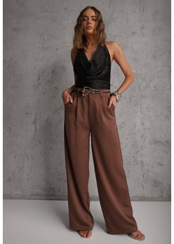 Brązowe Spodnie Szerokie z Dodatkiem Bawełny High Waist z Metaliczną Klamrą Azaerixis ze sklepu renee.pl w kategorii Spodnie damskie - zdjęcie 188678629