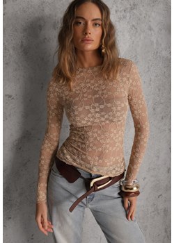 Beżowa Bluzka Longsleeve z Półtransparentnej Koronki Arnoxia ze sklepu renee.pl w kategorii Bluzki damskie - zdjęcie 188678678