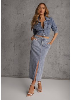 Niebieska Jeansowa Spódnica z Bawełny Zdobiona Printem w Romby i Rozcięciem Chrissna ze sklepu renee.pl w kategorii Spódnice - zdjęcie 188678746