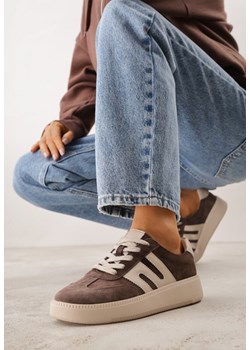 Brązowe Sneakersy Skórzane w Stylu Tenisówek z Geometrycznym Wzorem Eshiryla ze sklepu renee.pl w kategorii Buty sportowe damskie - zdjęcie 188678748