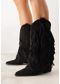 Czarne Botki Kowbojki na Słupku Ozdobione Frędzlami  i Wywiniętą Cholewką Aedime ze sklepu renee.pl w kategorii Botki - zdjęcie 188678799
