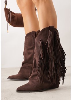 Brązowe Botki Kowbojki na Słupku Ozdobione Frędzlami  i Wywiniętą Cholewką Aedime ze sklepu renee.pl w kategorii Botki - zdjęcie 188678808