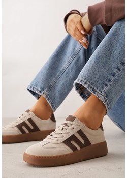 Beżowe Skórzane Sneakersy na Kauczukowej Podeszwie z Geometrycznym Motywem Shytyse ze sklepu born2be.pl w kategorii Buty sportowe damskie - zdjęcie 188679596