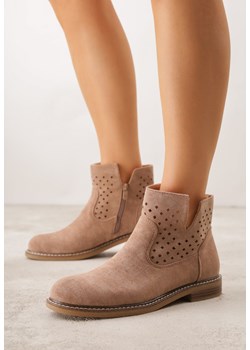 Ciemnobeżowe Płaskie Botki Sztyblety z Ażurowym Wzorem ze Skórzaną Wkładką Terisina ze sklepu born2be.pl w kategorii Botki - zdjęcie 188679977