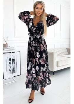 Numoco 502-1 plisowana sukienka midi z dekoltem, długim rękawkiem i wiązaniem w pasie ze sklepu intimiti.pl w kategorii Sukienki - zdjęcie 188681885