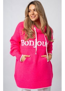 Luźny sweter damski typu bluza z kapturem Bonjour różowy ze sklepu intimiti.pl w kategorii Swetry damskie - zdjęcie 188682776