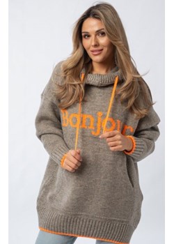 Luźny sweter damski typu bluza z kapturem Bonjour mocca ze sklepu intimiti.pl w kategorii Swetry damskie - zdjęcie 188682919