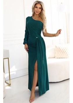 Numoco 658-2 połyskująca brokatowa sukienka maxi na jedno ramię z asymetrycznym rękawem i rozcięciem ze sklepu intimiti.pl w kategorii Sukienki - zdjęcie 188684276