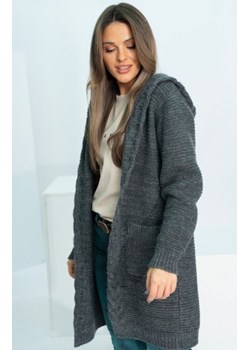 Długi kardigan typu płaszczyk HENA z kapturem grafitowy ze sklepu intimiti.pl w kategorii Swetry damskie - zdjęcie 188684355