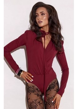 Kopertowe body damskie z długim rękawem – z paskiem z różyczką bordowe ze sklepu intimiti.pl w kategorii Bluzki damskie - zdjęcie 188684569