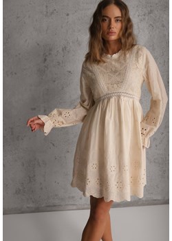 Beżowa Rustykalna Sukienka z Bawełną Zdobiona Haftem i Ażurowymi Wycięciami Winlith ze sklepu renee.pl w kategorii Sukienki - zdjęcie 188685325