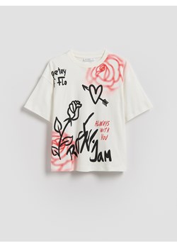 Reserved - T-shirt z nadrukiem - złamana biel ze sklepu Reserved w kategorii Bluzki dziewczęce - zdjęcie 188694888