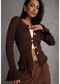 Brązowy Wiskozowy Kardigan w Prążki z Falbankami i Guzikami z Cyrkoniami Danareia ze sklepu renee.pl w kategorii Swetry damskie - zdjęcie 188718767