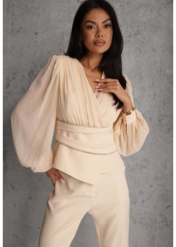 Beżowa Bluzka VICES w Kopertowym Stylu z Luźnymi Transparentnymi Rękawami i Dekoltem V Inge ze sklepu renee.pl w kategorii Bluzki damskie - zdjęcie 188718797