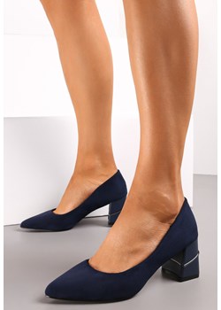 Niebieskie Czółenka z Imitacji Zamszu na Słupku z Metaliczną Wstawką Piarra ze sklepu born2be.pl w kategorii Czółenka - zdjęcie 188729985