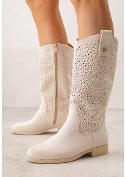 Beżowe Botki Typu Kowbojki Ażurowe Ozdobione Metaliczną Aplikacją Iomosa ze sklepu born2be.pl w kategorii Botki - zdjęcie 188730736