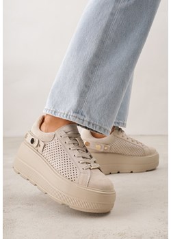 Beżowe Perforowane Sneakersy ze Skóry Naturalnej na Platformie i Koturnie Risyla ze sklepu renee.pl w kategorii Buty sportowe damskie - zdjęcie 188733458