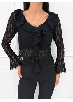 Czarna Koronkowa Bluzka z Żabotem ze sklepu ModnaKiecka.pl w kategorii Bluzki damskie - zdjęcie 188746206