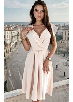 Rozkloszowana beżowa sukienka z paskiem 348-7 Scarlett, Kolor beżowy, Rozmiar M, Numoco ze sklepu Primodo w kategorii Sukienki - zdjęcie 188764389