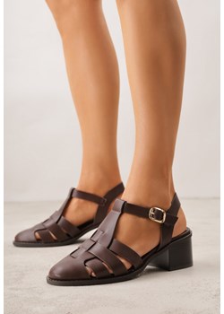 Ciemnobrązowe Sandały na Stożku Ozdobione Geometryczną Cholewką Peripe ze sklepu renee.pl w kategorii Sandały damskie - zdjęcie 188809977