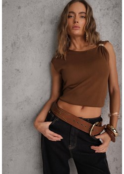 Brązowa Wiskozowa Bluzka Bez Rękawów z Dzianiny Zdobiona Metaliczną Aplikacją Alutina ze sklepu renee.pl w kategorii Bluzki damskie - zdjęcie 188810197