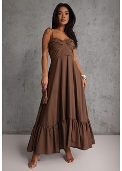 Brązowa Rozkloszowana Sukienka z Bawełny z Wiązanymi Ramiączkami Milistia ze sklepu renee.pl w kategorii Sukienki - zdjęcie 188810329