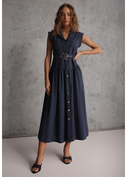 Granatowa Bawełniano-Wiskozowa Sukienka Koszulowa Bez Rękawów z Paskiem Athithoe ze sklepu renee.pl w kategorii Sukienki - zdjęcie 188810347
