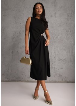 Czarna Sukienka z Wiskozą Bez Rękawów z Rozcięciem na Nogę i Ozdobą Kauri ze sklepu renee.pl w kategorii Sukienki - zdjęcie 188810365