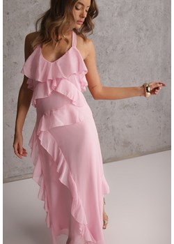 Różowa Elegancka Sukienka z Taliowaniem Wiązana na Plecach z Falbankami Ocyparia ze sklepu renee.pl w kategorii Sukienki - zdjęcie 188810395