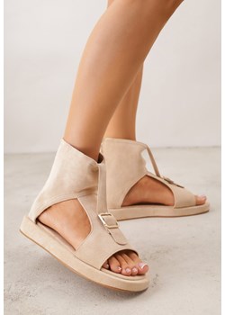 Beżowe Sandały Typu Botki Ozdobione Metaliczną Klamrą z Przodu Adrasaia ze sklepu renee.pl w kategorii Sandały damskie - zdjęcie 188810916