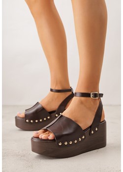 Ciemnobrązowe Sandały na Platformie i Koturnie z Nitami po Bokach Zaehesh ze sklepu renee.pl w kategorii Sandały damskie - zdjęcie 188811006