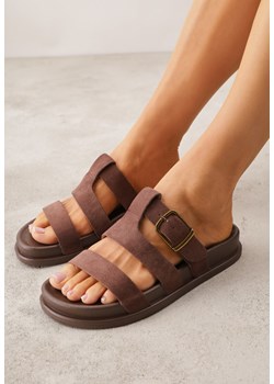 Brązowe Klapki Ozdobione Geometrycznymi Paskami i Metaliczną Klamrą Hossei ze sklepu renee.pl w kategorii Klapki damskie - zdjęcie 188811348