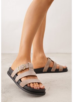 Ciemnobeżowe Klapki Ozdobione Geometrycznymi Paskami i Metaliczną Klamrą Hossei ze sklepu renee.pl w kategorii Klapki damskie - zdjęcie 188811357