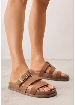 Jasnobrązowe Klapki Ozdobione Geometrycznymi Paskami i Metaliczną Klamrą Hossei ze sklepu renee.pl w kategorii Klapki damskie - zdjęcie 188811366