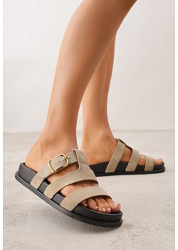 Beżowe Klapki Ozdobione Geometrycznymi Paskami i Metaliczną Klamrą Hossei ze sklepu renee.pl w kategorii Klapki damskie - zdjęcie 188811375