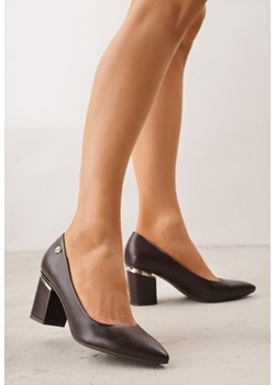 Brązowe Czółenka na Słupku z Wkładką ze Skóry Naturalnej i Metaliczną Aplikacją Nevas ze sklepu renee.pl w kategorii Czółenka - zdjęcie 188826425