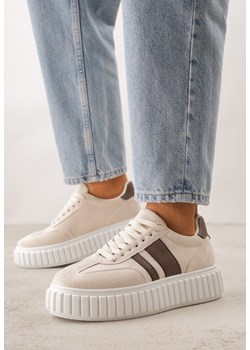 Beżowe Sneakersy na Grubej Podeszwie z Tłoczeniem i Ozdobnymi Paskami Ralis ze sklepu born2be.pl w kategorii Buty sportowe damskie - zdjęcie 188827238