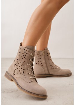 Ciemnobeżowe Skórzane Botki z Ażurowym Wzorem Kasona ze sklepu renee.pl w kategorii Botki - zdjęcie 188856615