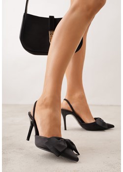 Czarne Satynowe Szpilki z Odkrytą Piętą i Ozdobną Kokardą Argatea ze sklepu born2be.pl w kategorii Czółenka - zdjęcie 188856867
