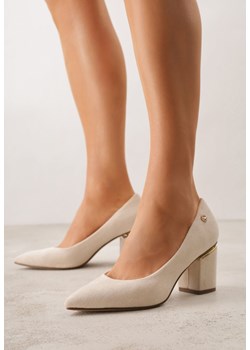 Beżowe Czółenka na Obcasie ze Skórzaną Wkładką i Metaliczną Wstawką Rasmone ze sklepu born2be.pl w kategorii Czółenka - zdjęcie 188856966