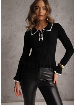 Czarny Sweter Retro z Wiskozą Zdobiony Kołnierzykiem Falbankami i Guzikami Sirrise ze sklepu renee.pl w kategorii Swetry damskie - zdjęcie 188871847