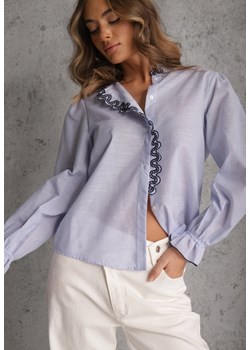 Niebieska Bawełniana Koszula z Falbanką i Haftem Ostorea ze sklepu renee.pl w kategorii Koszule damskie - zdjęcie 188885427