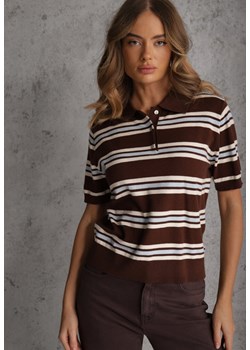 Brązowy T-shirt Polo z Wiskozą w Paski z Guzikami Vevevia ze sklepu renee.pl w kategorii Bluzki damskie - zdjęcie 188885439