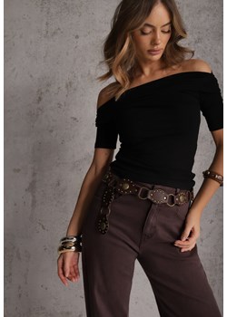 Czarny Dopasowany T-shirt z Wiskozy z Dekoltem w Łódkę Vivianna ze sklepu renee.pl w kategorii Bluzki damskie - zdjęcie 188889646